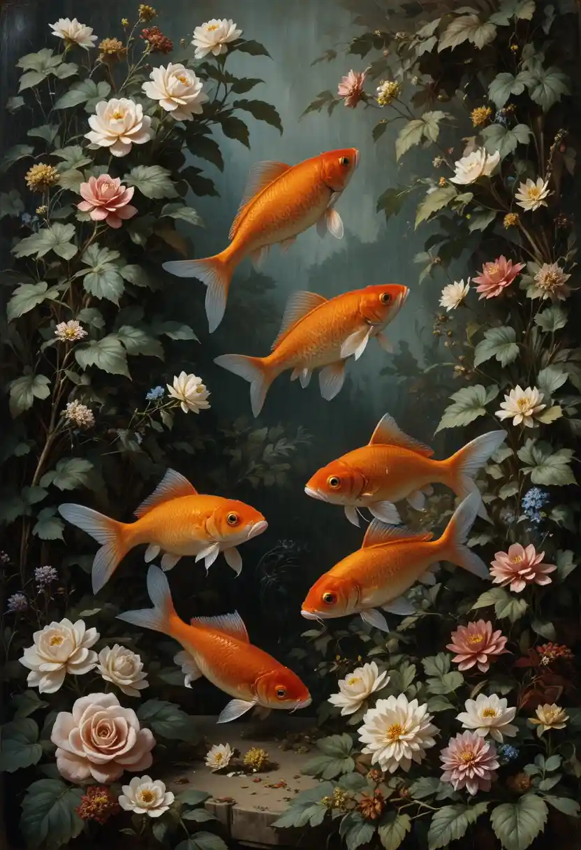 古典畫風中在枝葉間游動的金魚