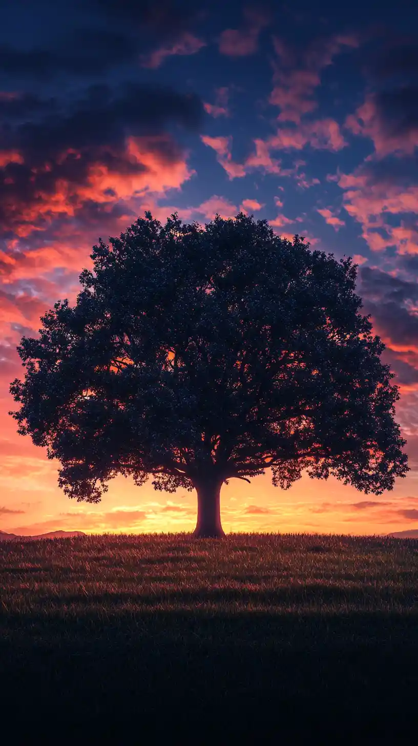 Maestoso albero solitario in un paesaggio di prato al tramonto