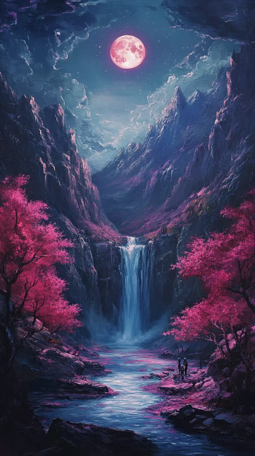 Mondschein-Fantasielandschaft mit Wasserfall und leuchtenden rosa Bäumen
