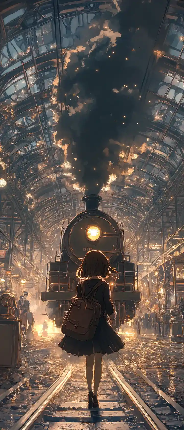 夜明けのヴィクトリア朝駅にいるアニメ少女