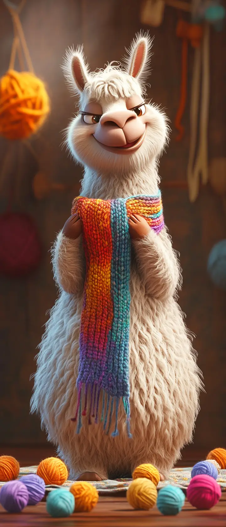 Cute 3d llama knitting a long colorful scarf