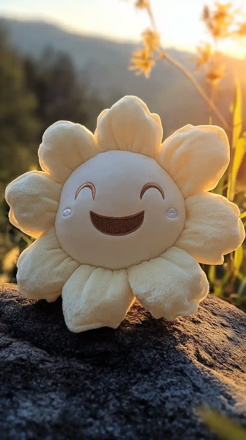 Niedliche digitale Plüschblume mit lächelndem gesticktem Gesicht