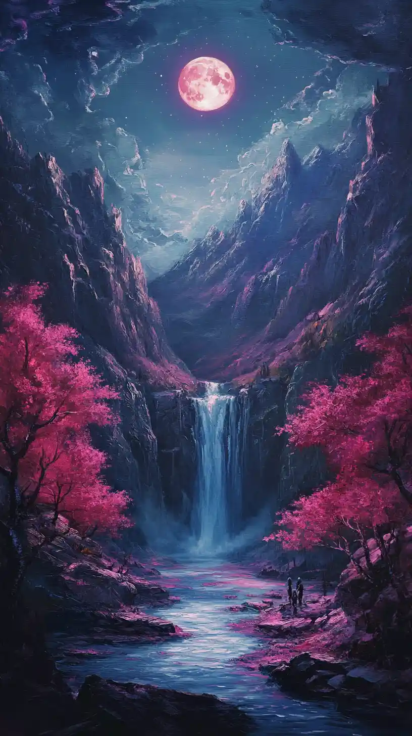 Paesaggio fantasy al chiaro di luna con cascata e alberi rosa luminosi