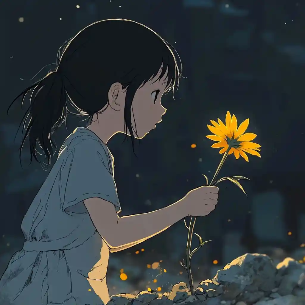 Piccola ragazza anime che annaffia un unico fiore giallo
