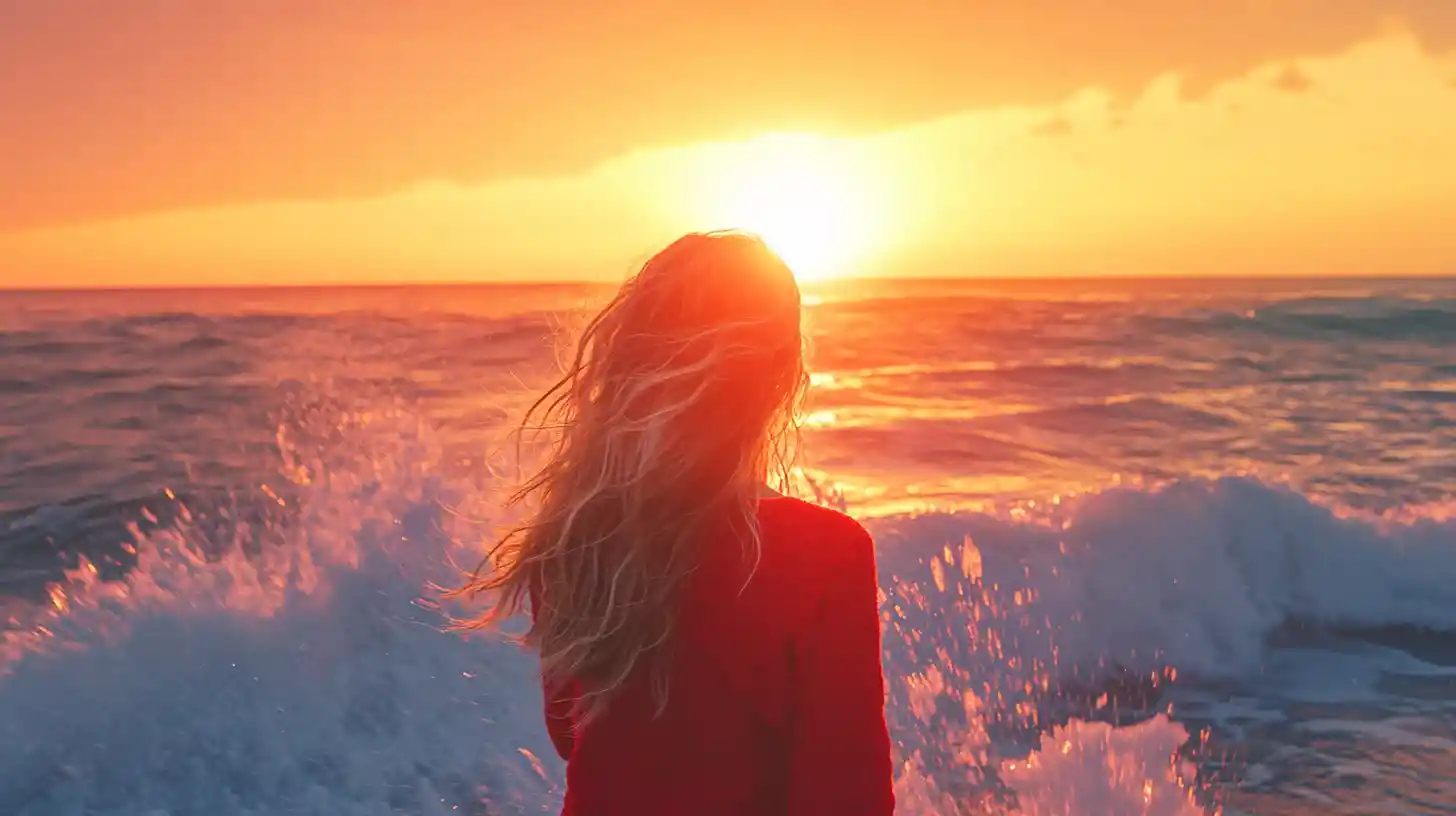 Donna che osserva l'alba su una tranquilla spiaggia oceanica