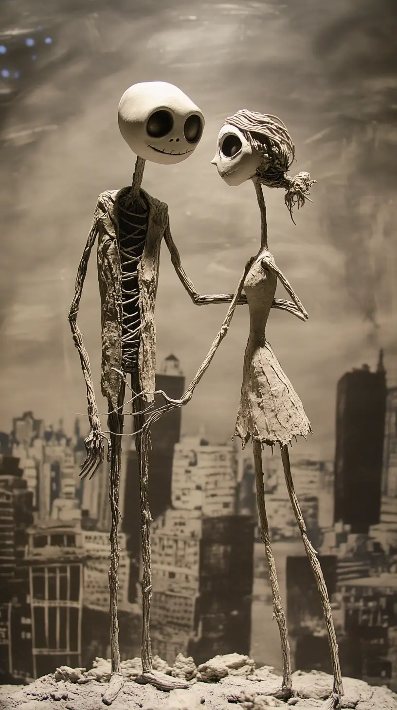 Couple allongé en claymation dans un paysage urbain déformé