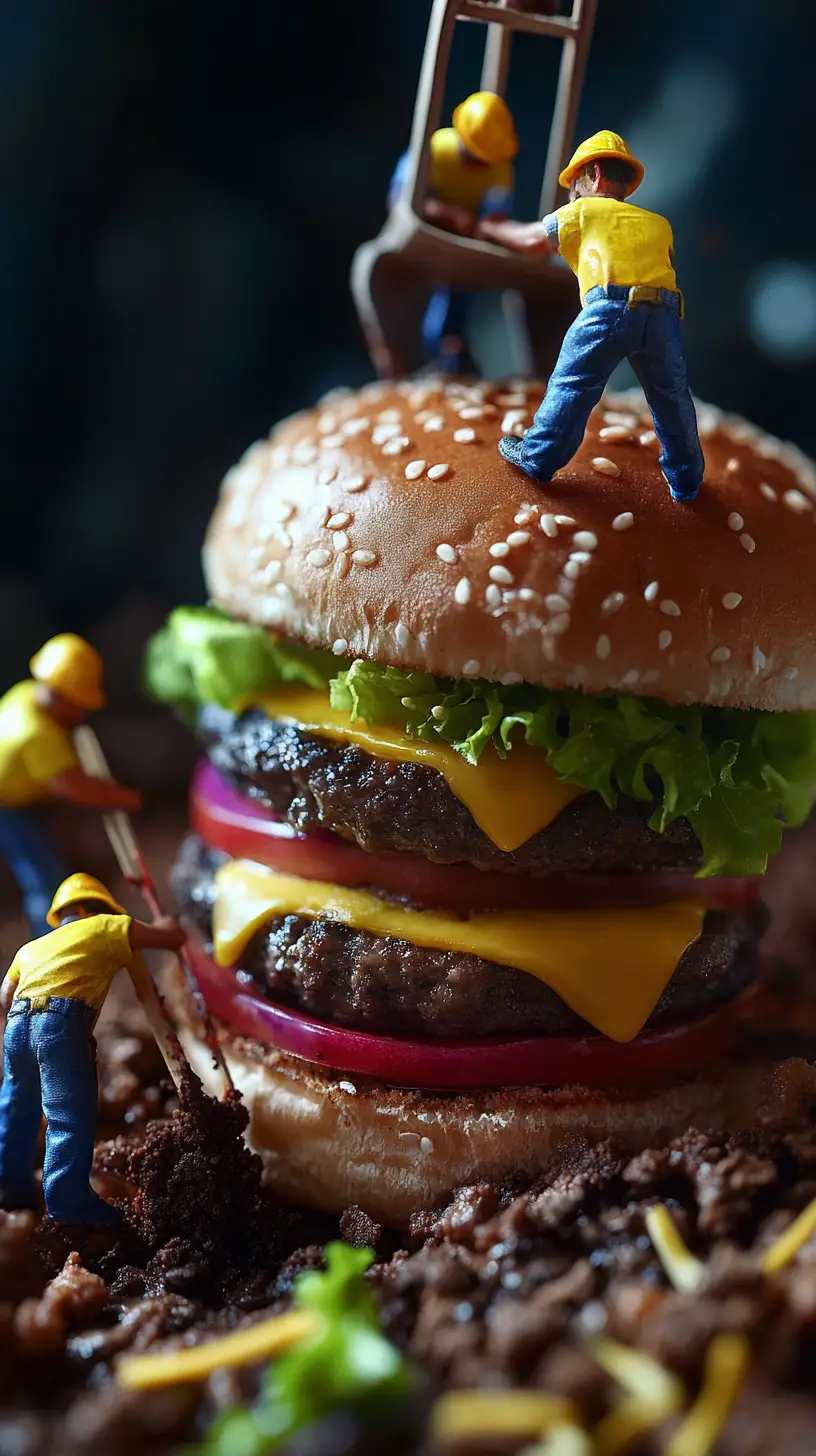 Miniaturarbeiter graben in einem riesigen Burger