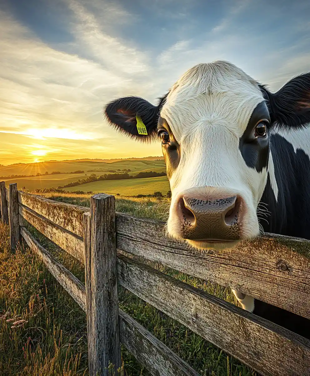 Holstein cow portrait by wooden fence at sunset