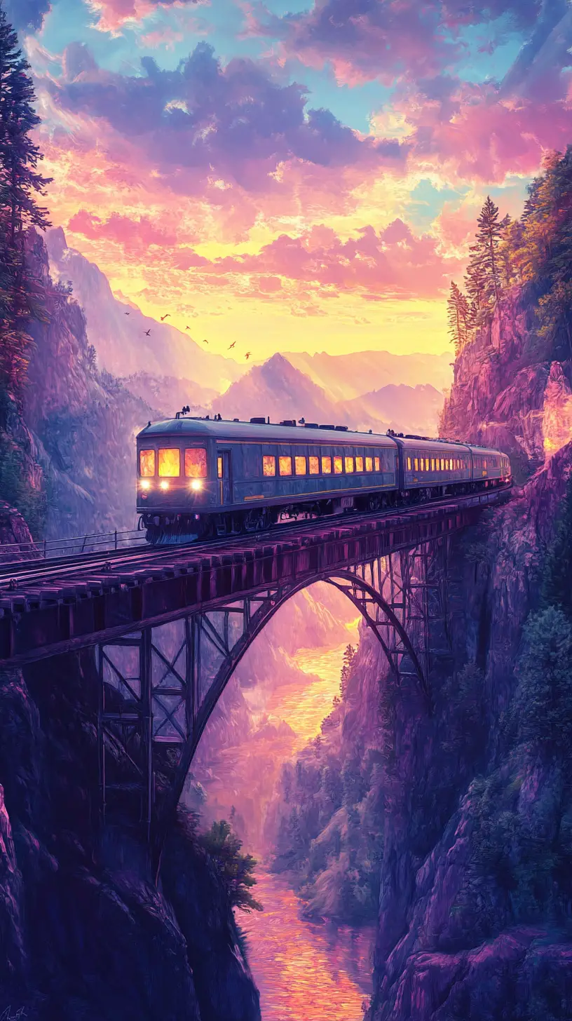 Train de passagers coloré traversant un pont de montagne au Colorado