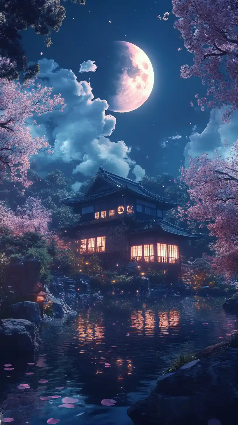Japanisches Gartenhaus im Mondschein-Teich gespiegelt