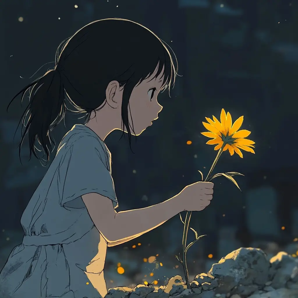 Piccola ragazza anime che annaffia un unico fiore giallo