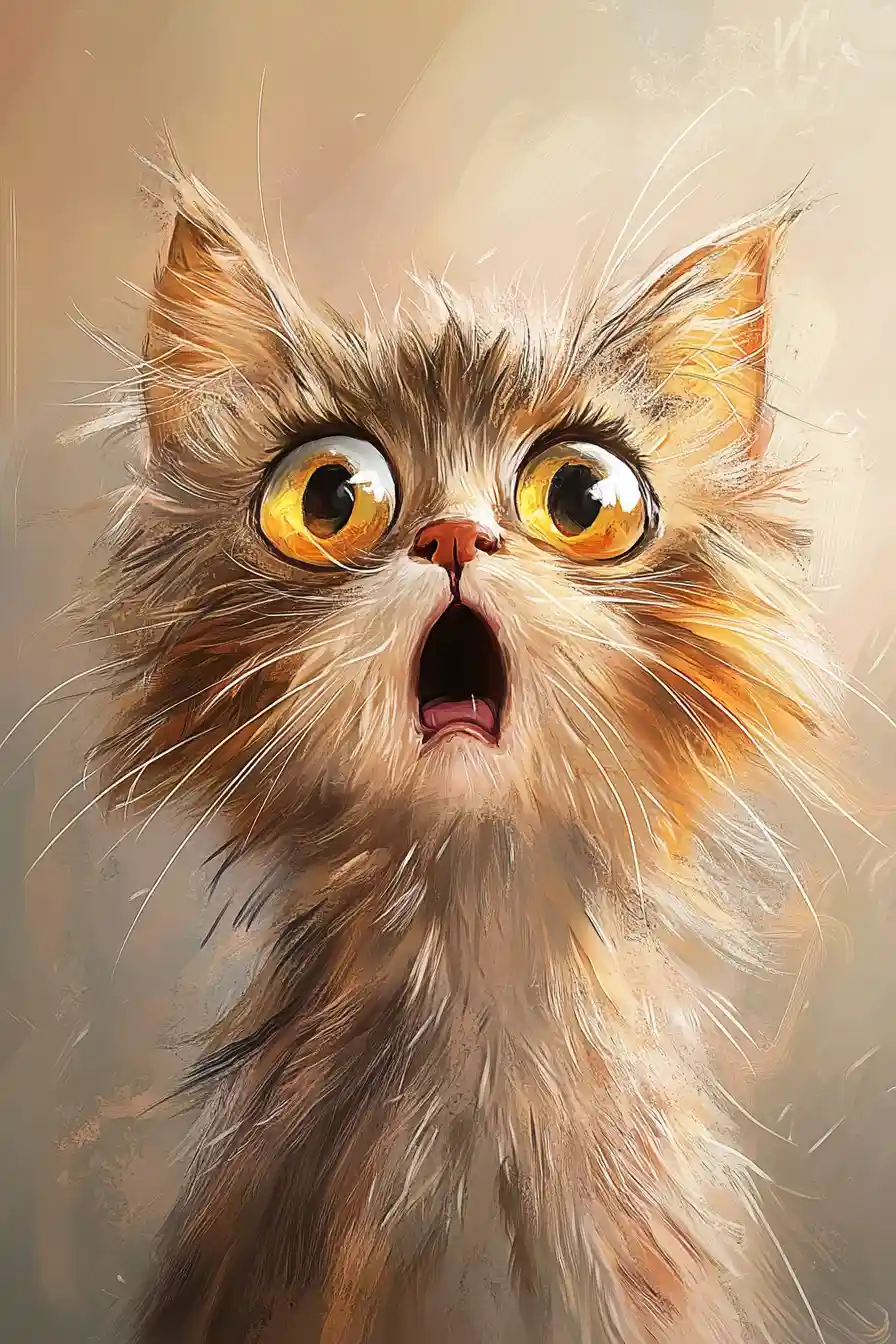 Rosto de gato fofinho de desenho animado chocado com olhos grandes e brilhantes