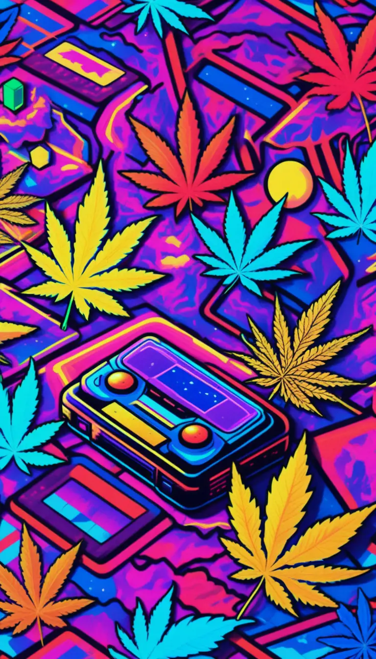 VHS 風格霓虹網格與漂浮的大麻葉