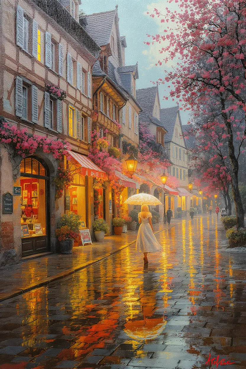 法國科爾馬雨中街道的油畫