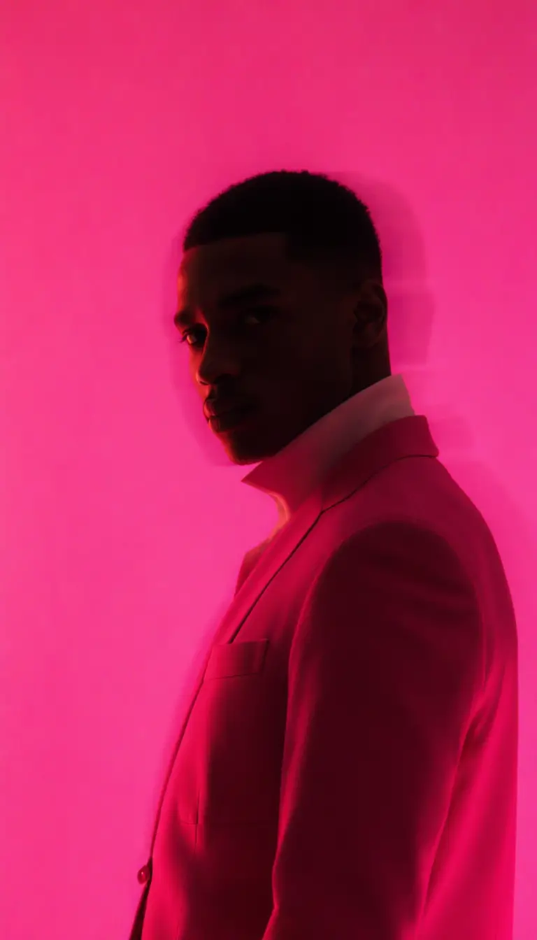 Stilvoller Mann in mutiger pinker Mode vor minimalistischem Hintergrund