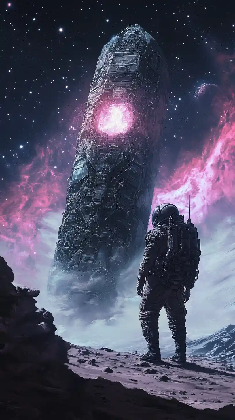 星雲中面對遠古外星遺跡的孤獨太空人