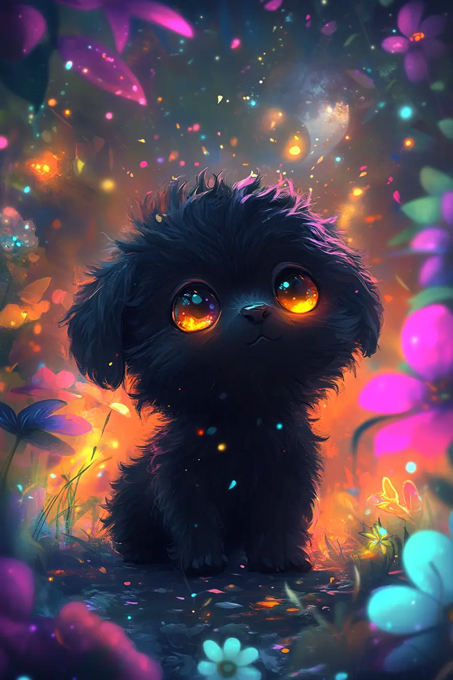 Cucciolo nero chibi in una foresta di fiori fantasy luminosa