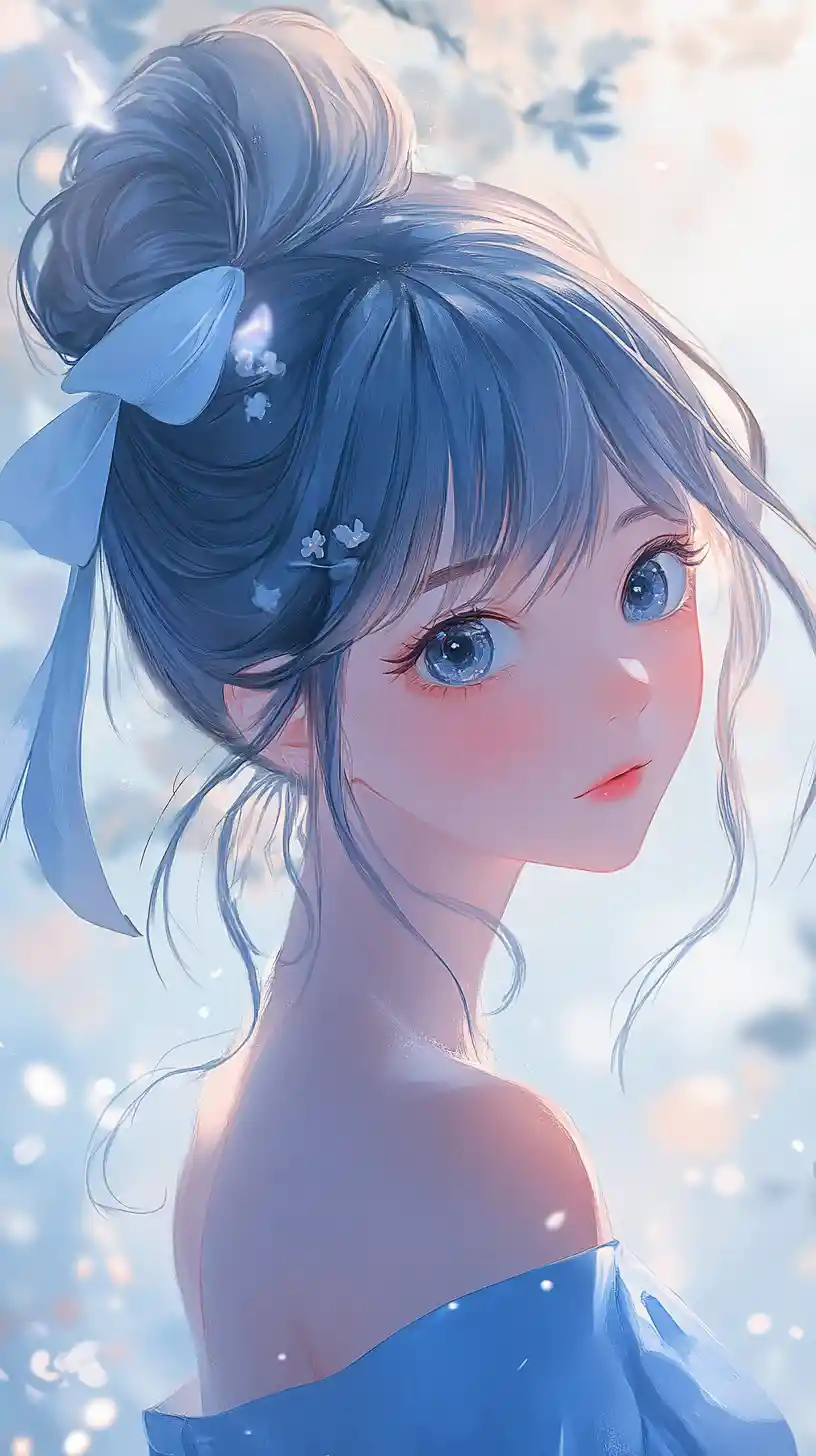 Süßes Anime-Mädchen mit blauem Pferdeschwanz in weicher Landschaft