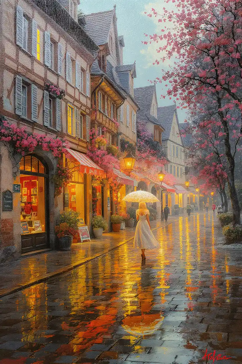 法國科爾馬雨中街道的油畫