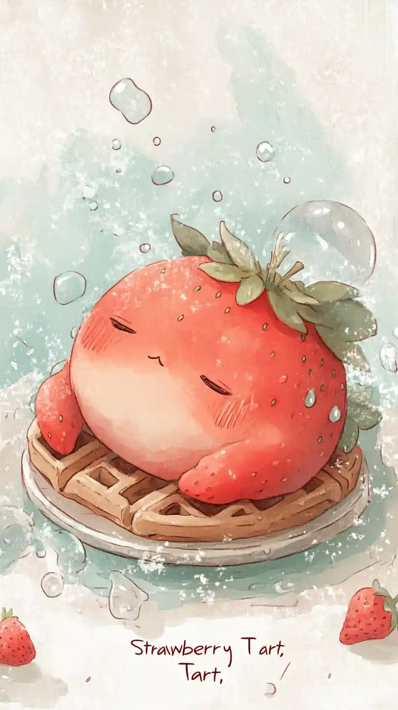 Personagem de morango gordinho cochilando em uma chapa de waffle quente