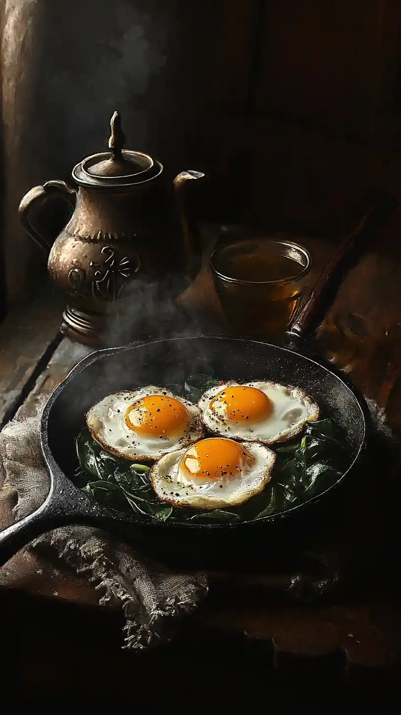 Nature morte de petit‑déjeuner rustique à la poêle dans une lumière dramatique