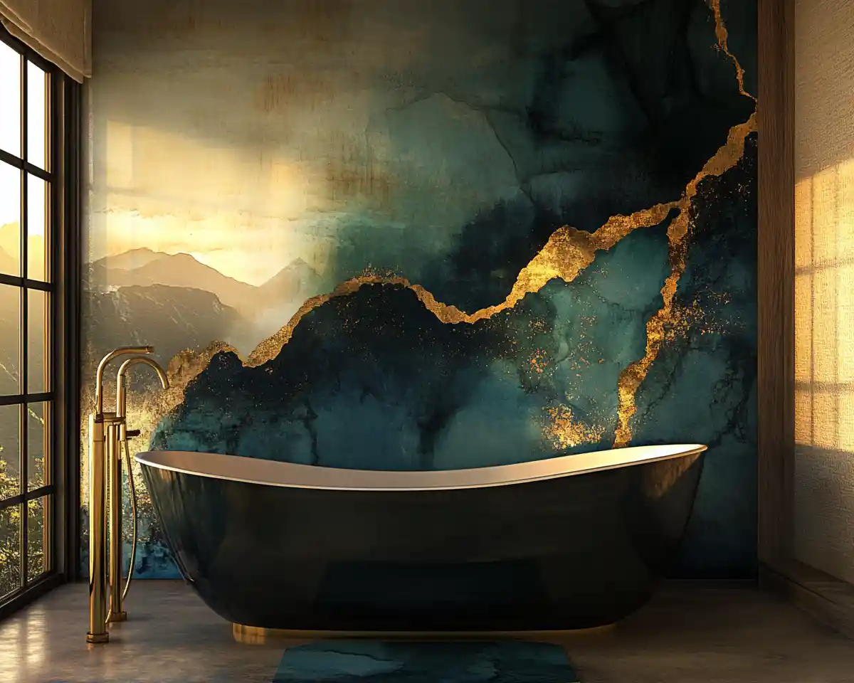 Arte abstracto de baño estilo kintsugi con vista a la bañera