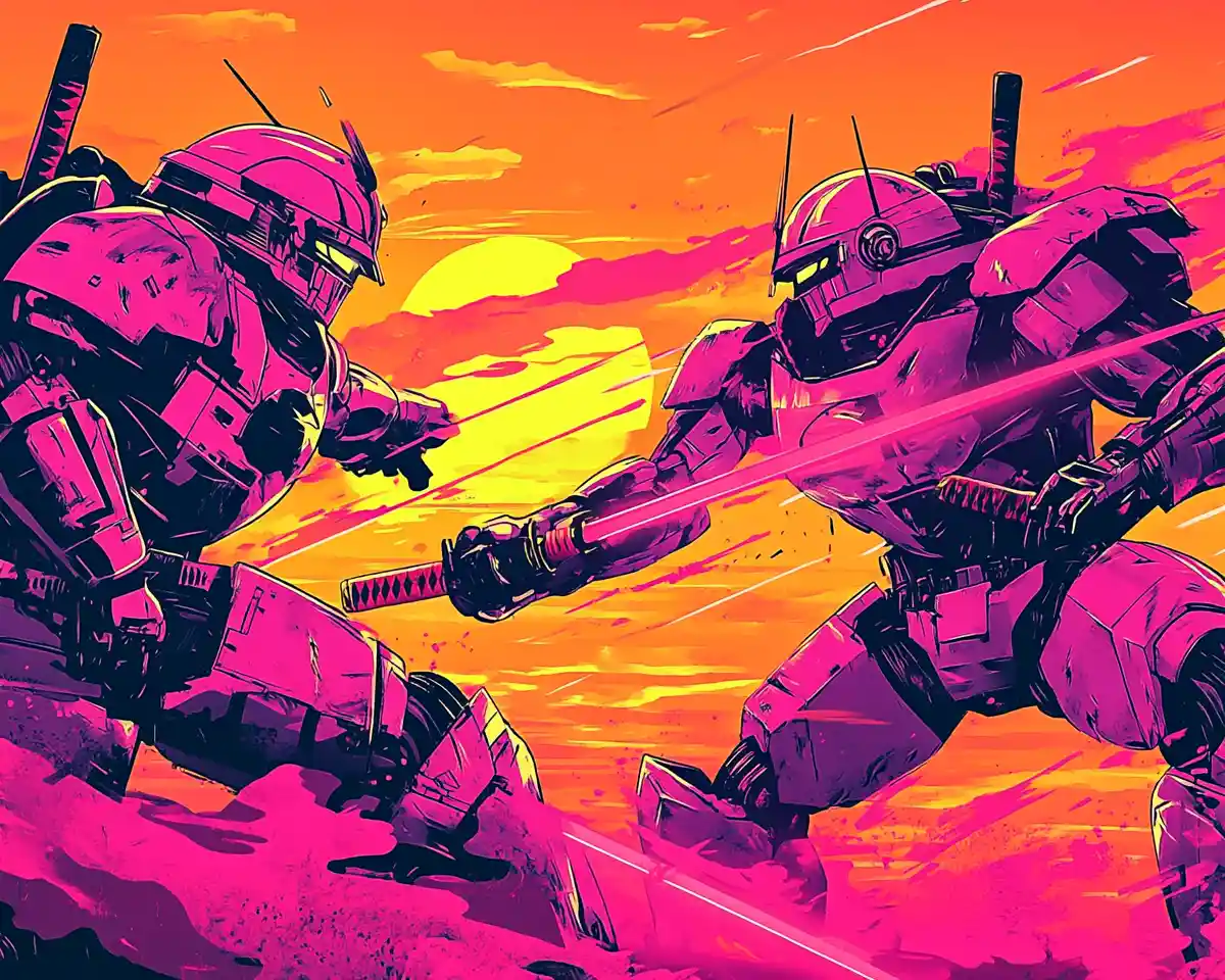 Samurai beim Kampf im Sonnenaufgang in lebendiger Digital Art