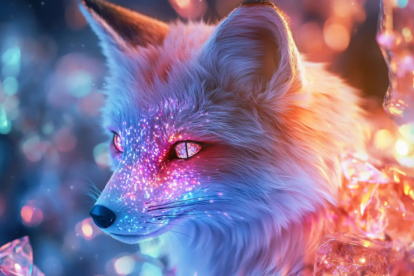 Renard de cristal translucide avec galaxie cosmique arc-en-ciel en son sein