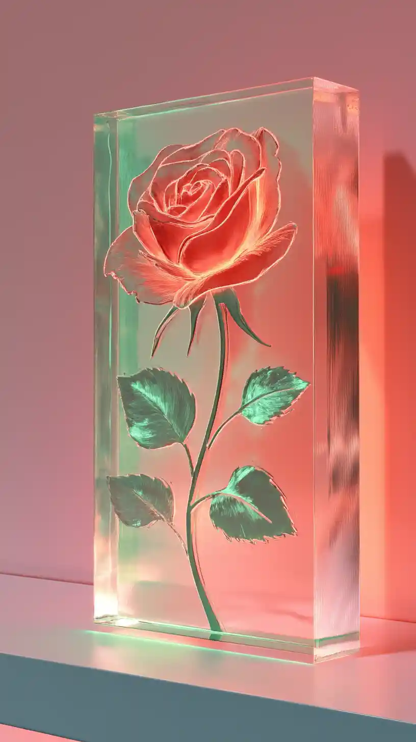 광섬유 조명으로 빛나는 유리에 새겨진 장미