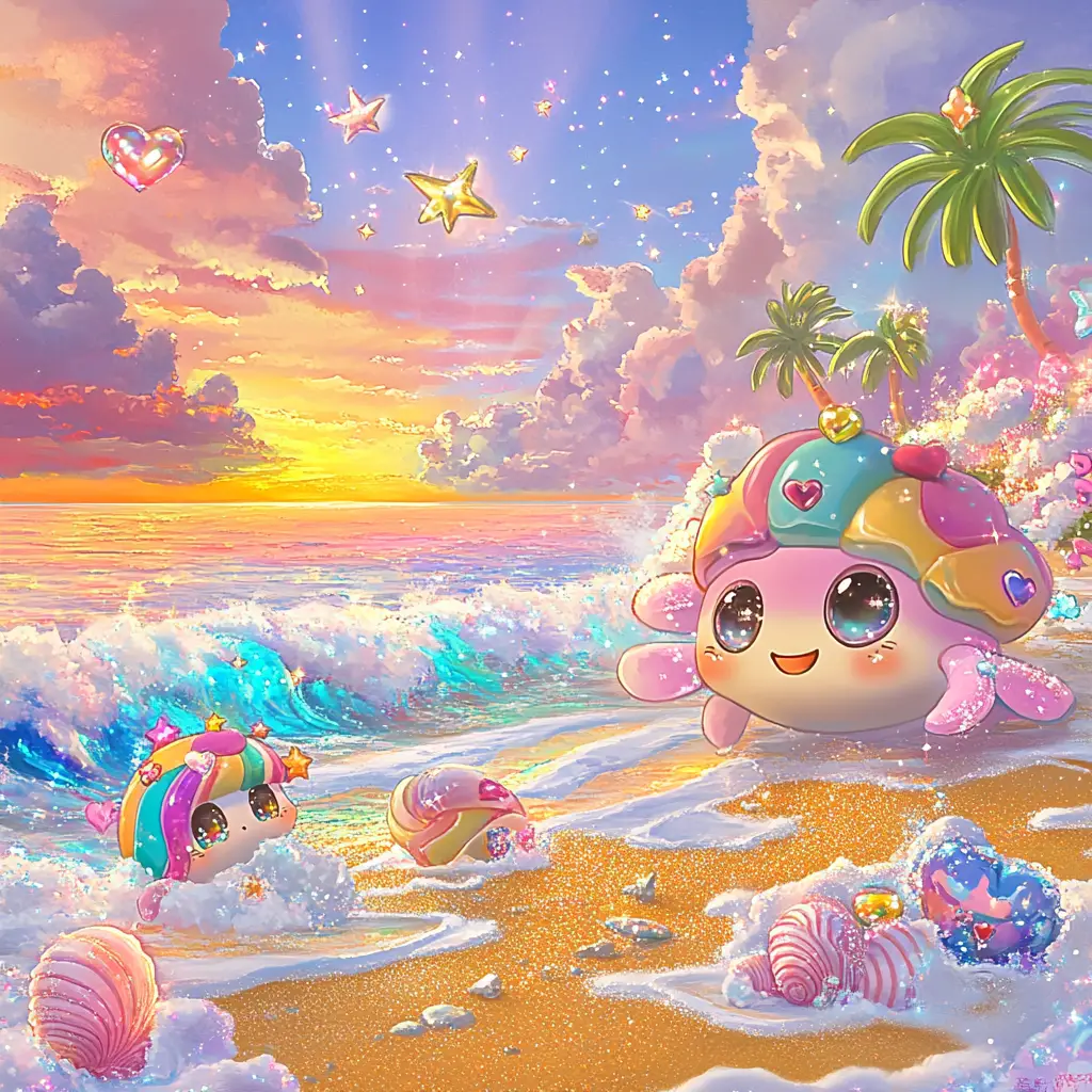 Adorables tortues de mer style anime sur une plage scintillante au coucher du soleil