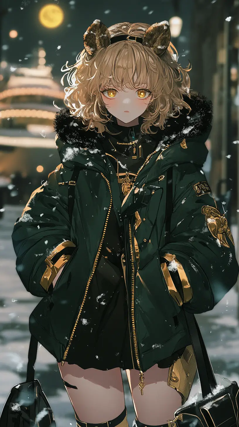 Mädchen im Winteroutfit an einer Yacht unter goldenem Mond