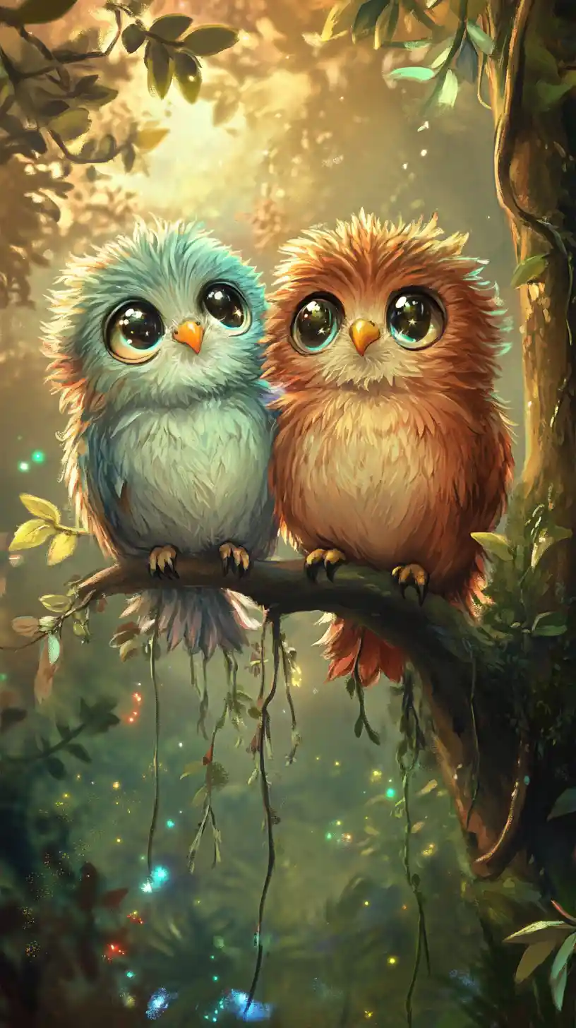 Tres adorables crías de búho en un bosque resplandeciente