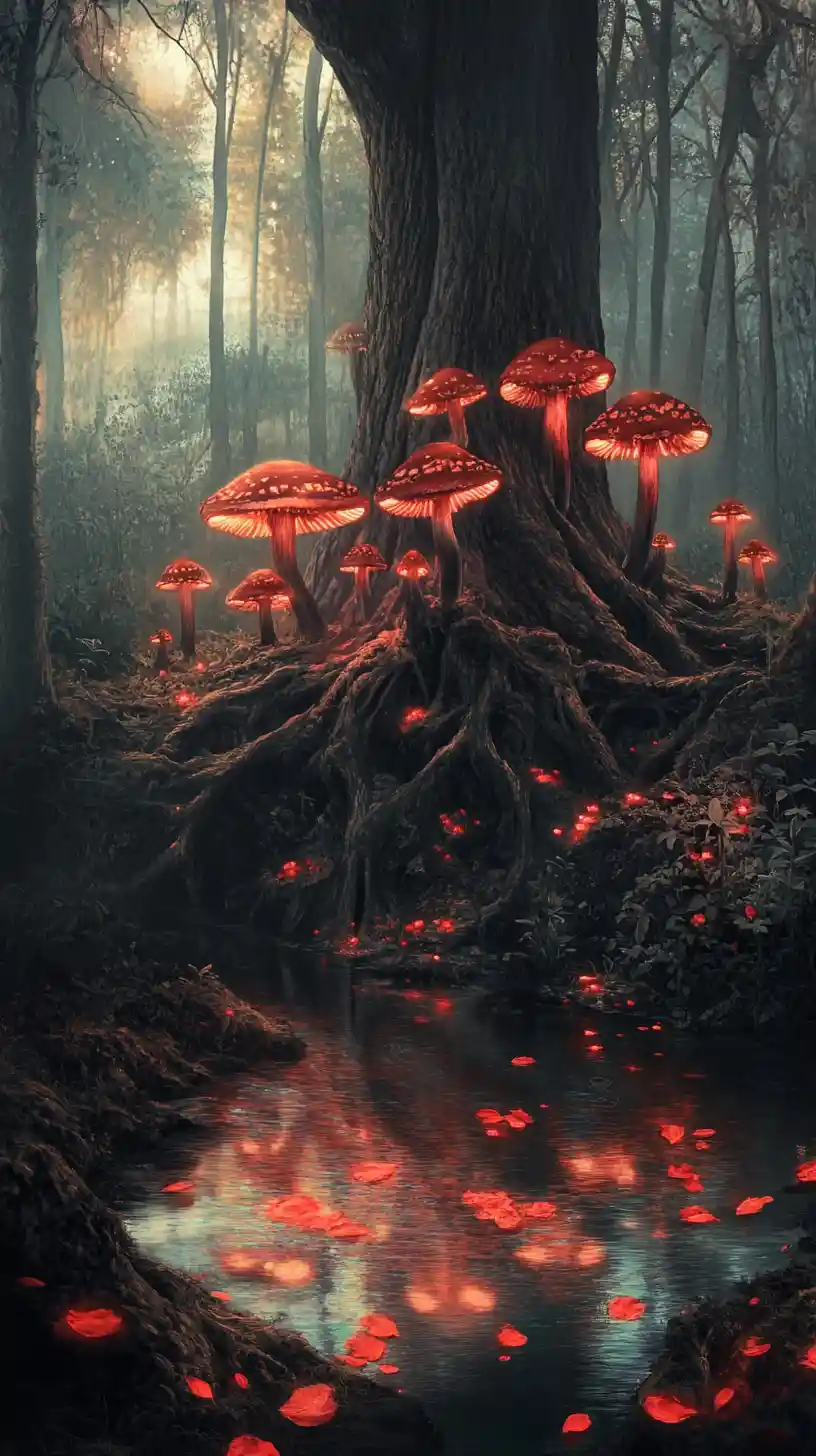 Bosque surreal con hongos rojos brillantes reflejados en el agua