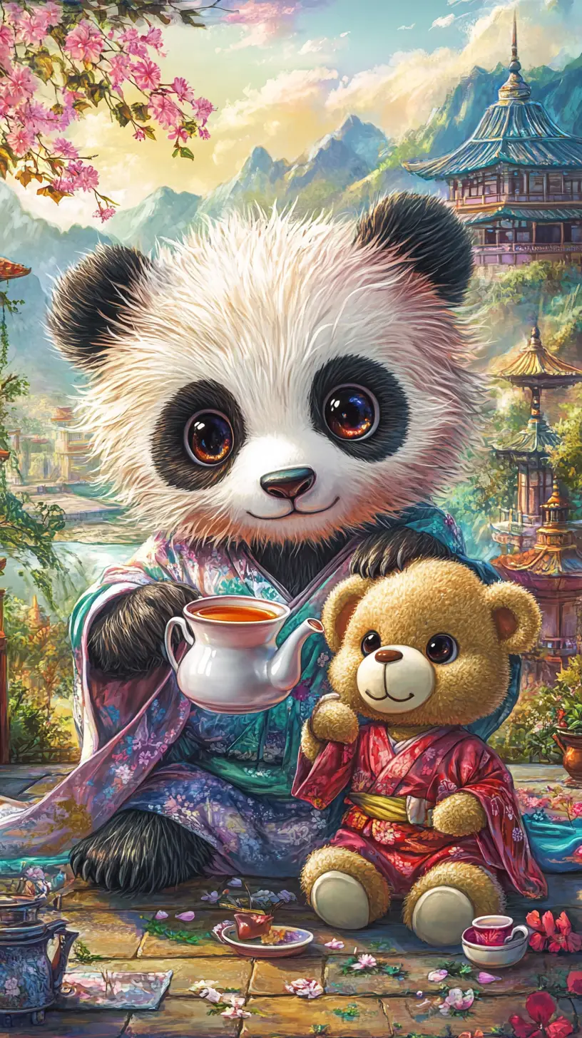 テディベアとお茶を楽しむ着物姿のかわいいパンダ