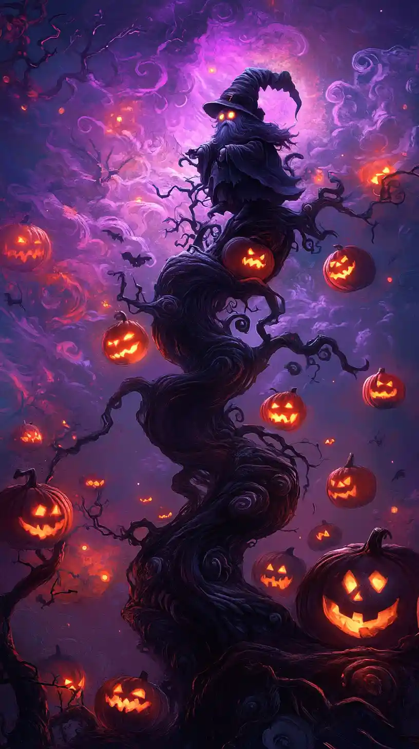 Gnomo gigante en árbol embrujado con calabazas iluminadas