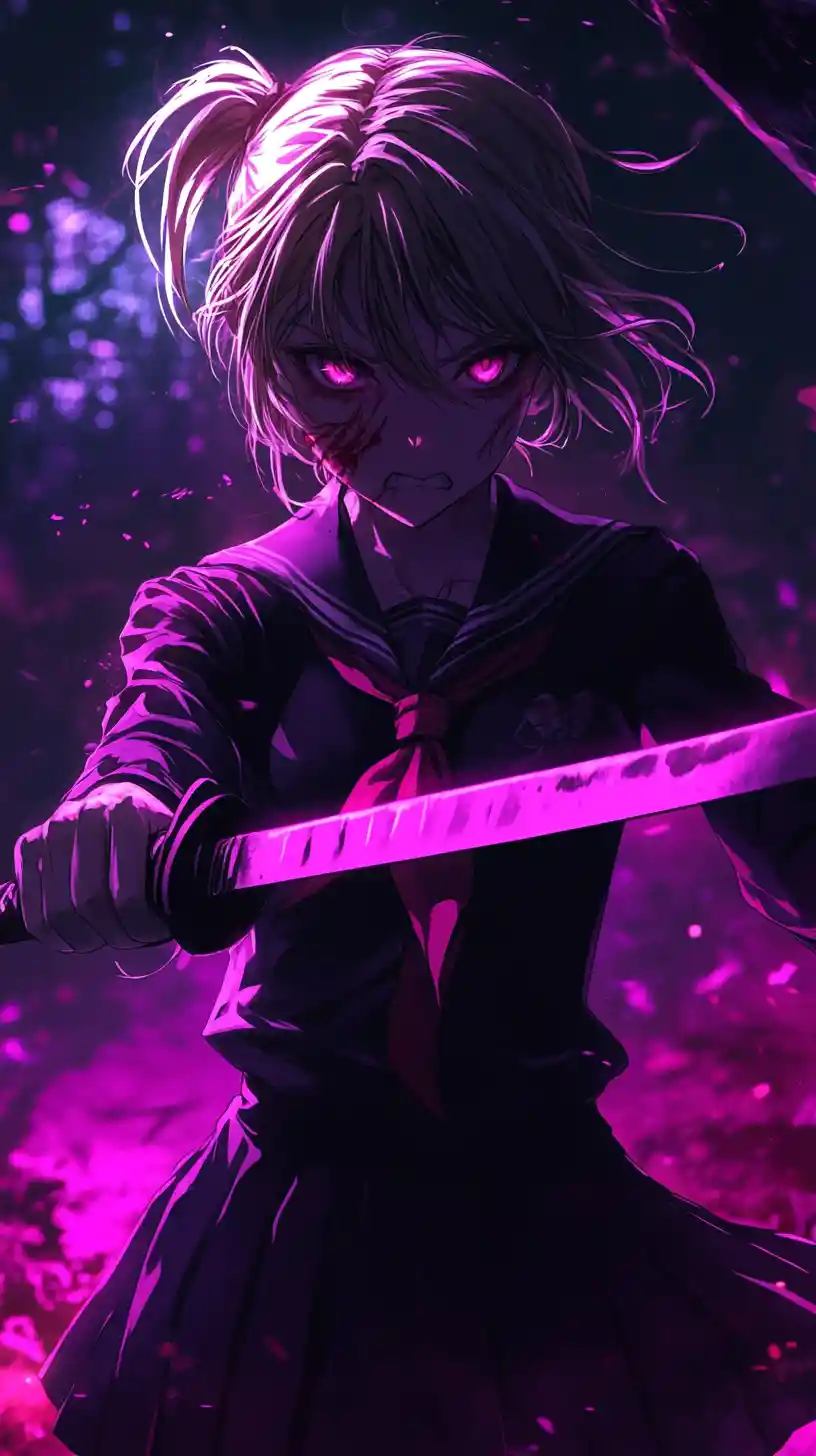 Unheimliches Anime-Schoolgirl mit Messer im dramatischen Licht