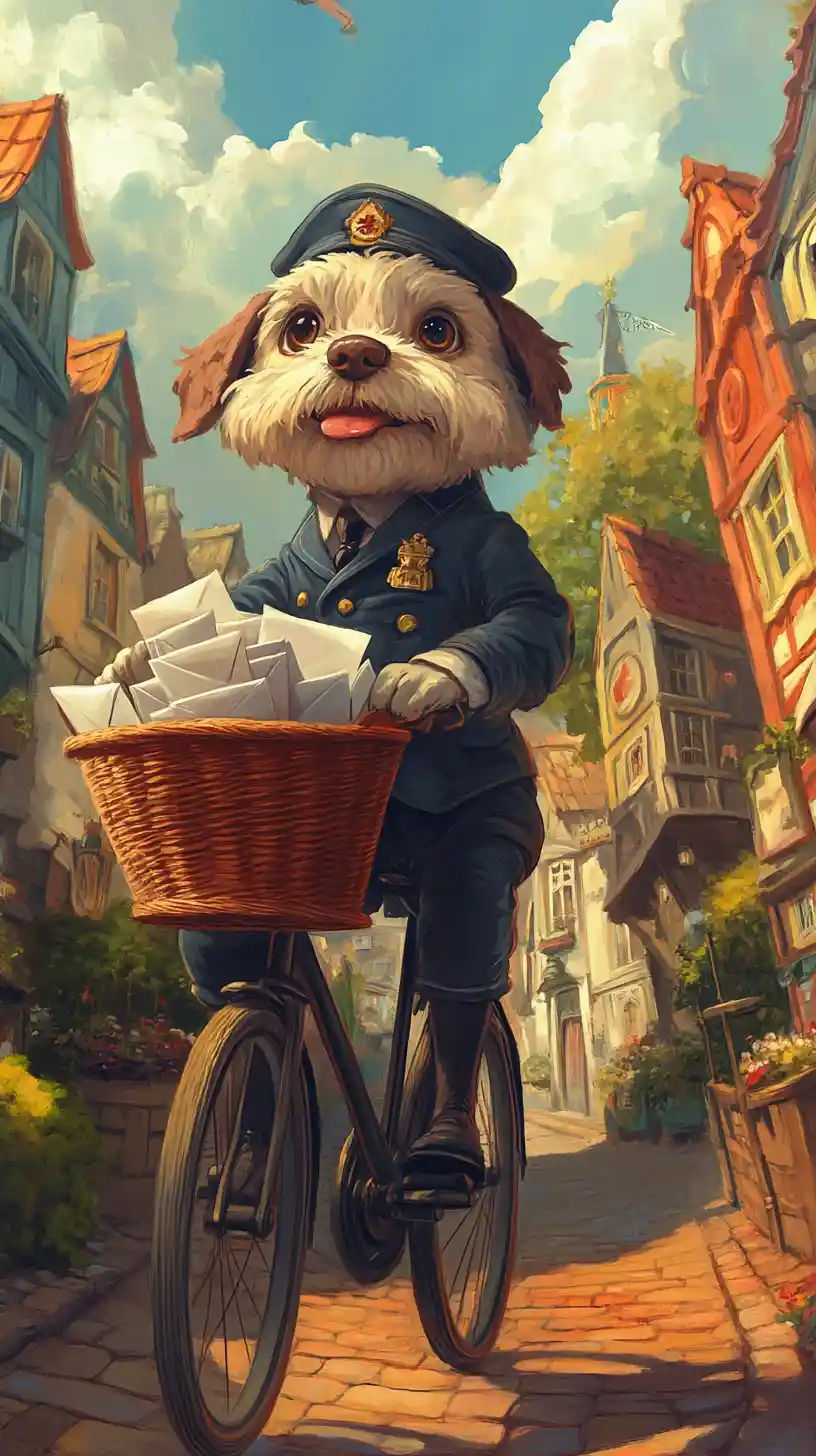 Adorable chien facteur à vélo dans un village fantastique