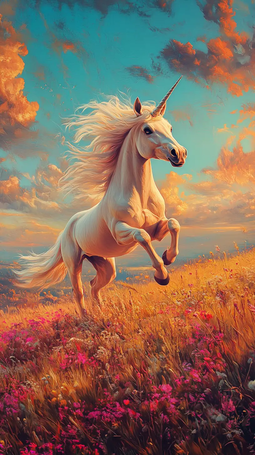 Farbenfrohes pop-surreales Einhorn rennt über offenes Feld