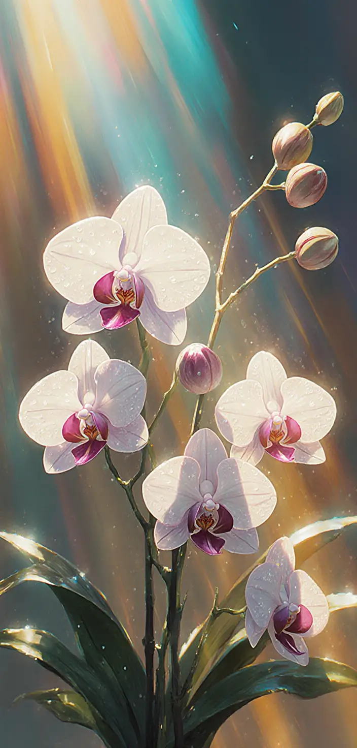 逆光に透ける花びらと露がきらめくランの花
