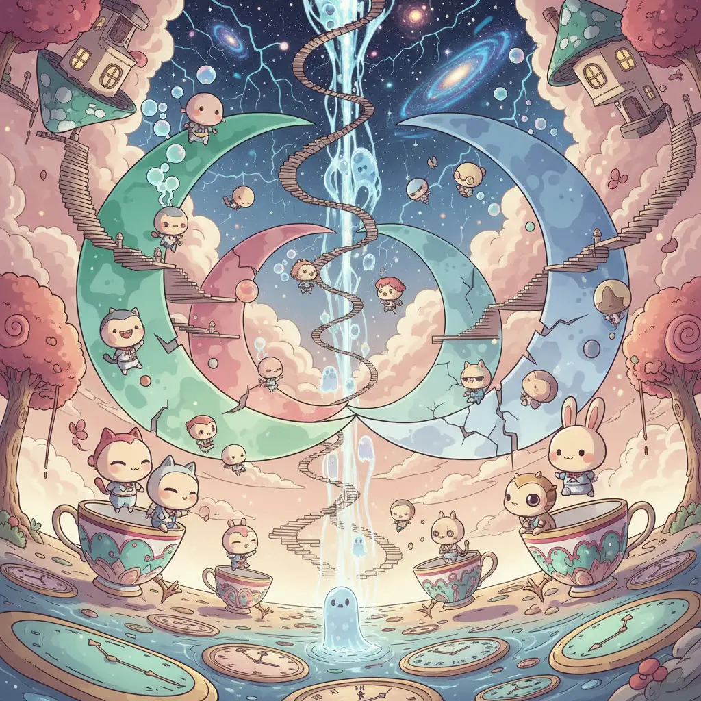Personaggi chibi che fluttuano in un sogno surreale