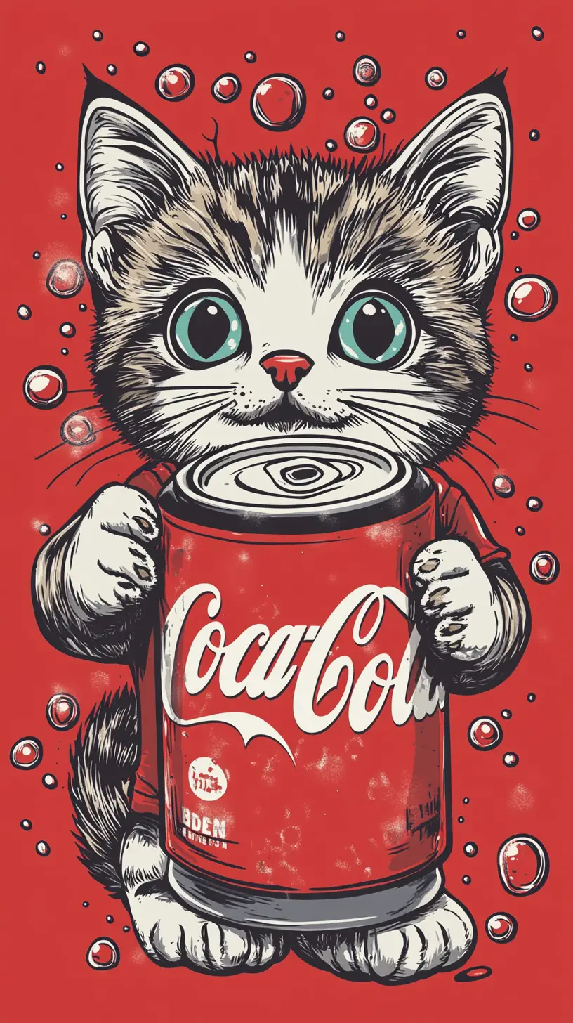 Gatto chibi carino che tiene una lattina di soda su sfondo rosso