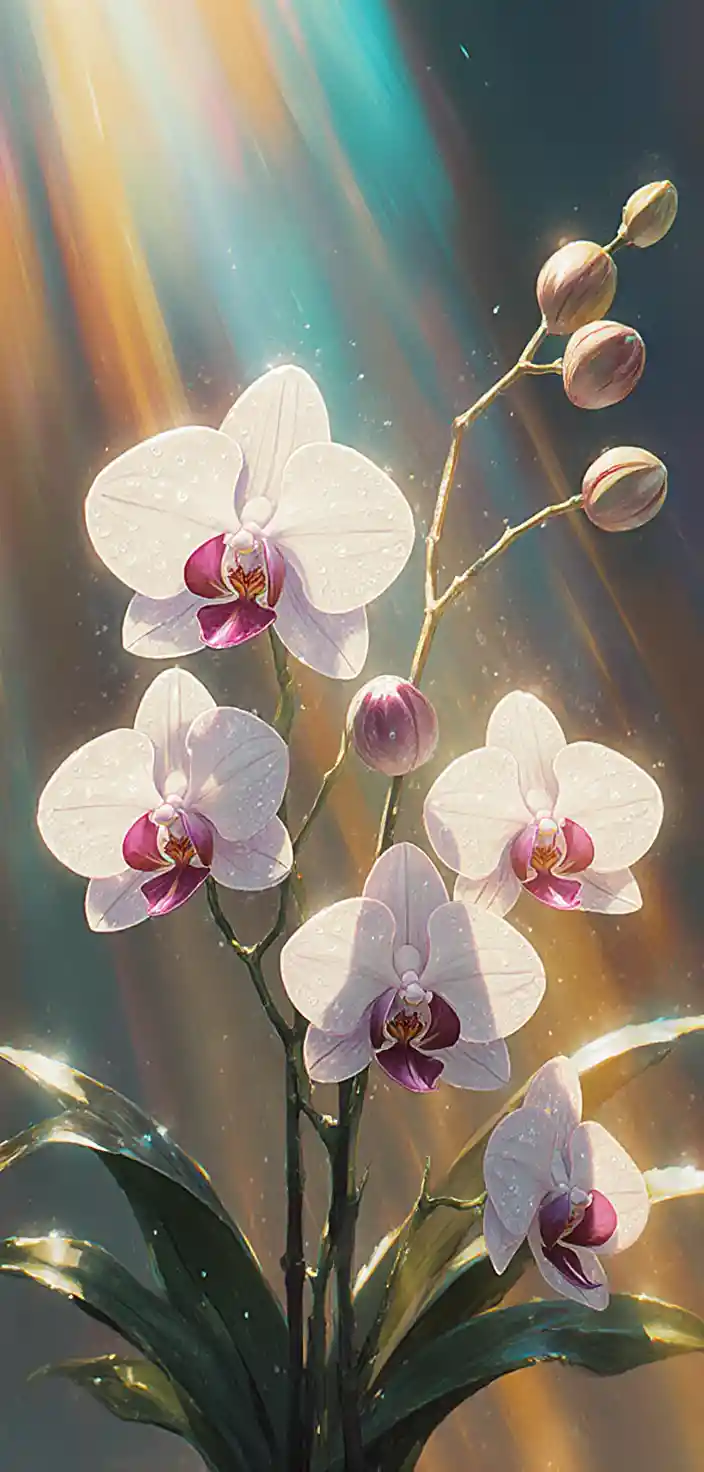 Orquídeas em contraluz com pétalas transparentes e orvalho