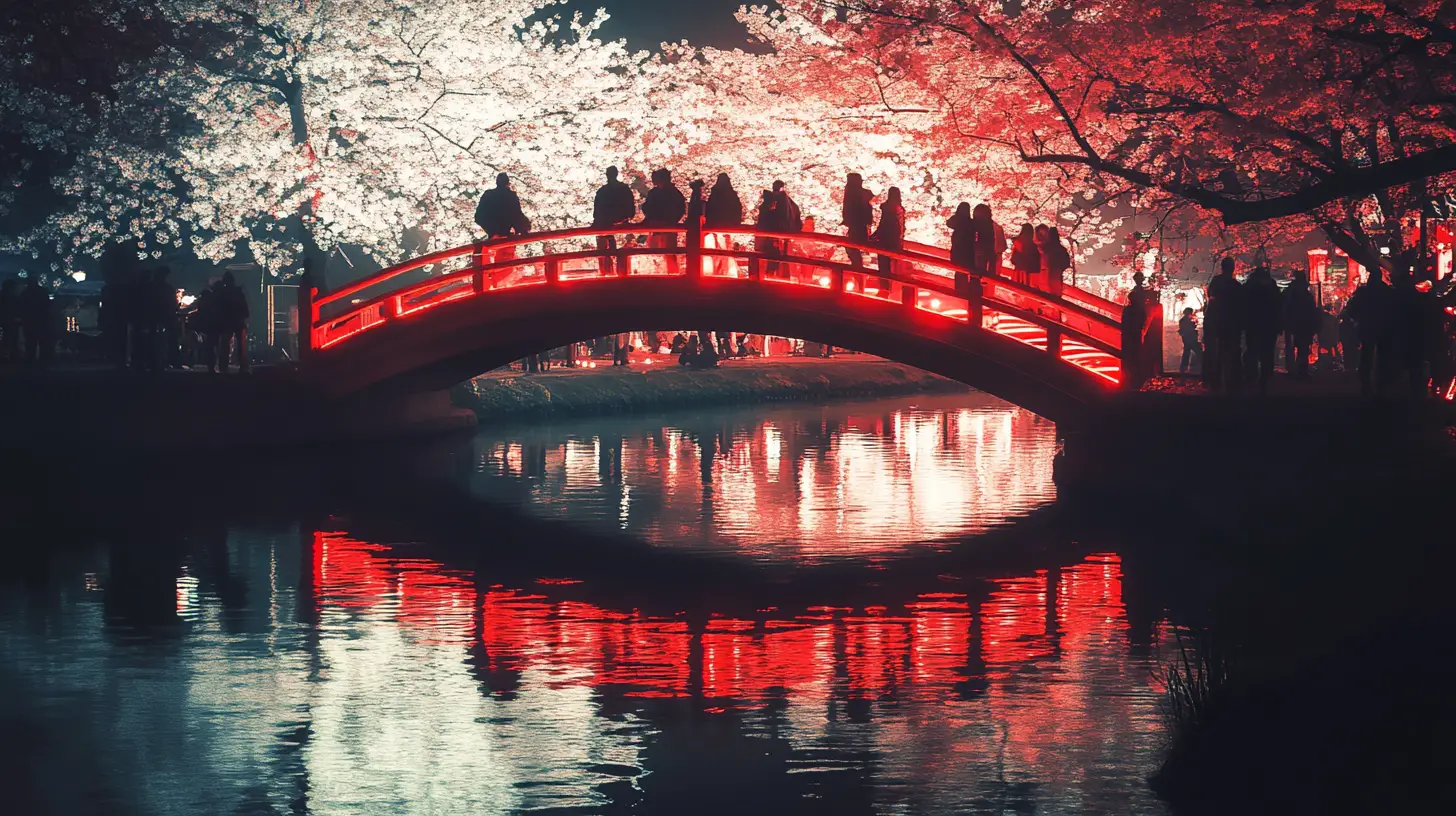 静かな水面に桜が映る夜の橋