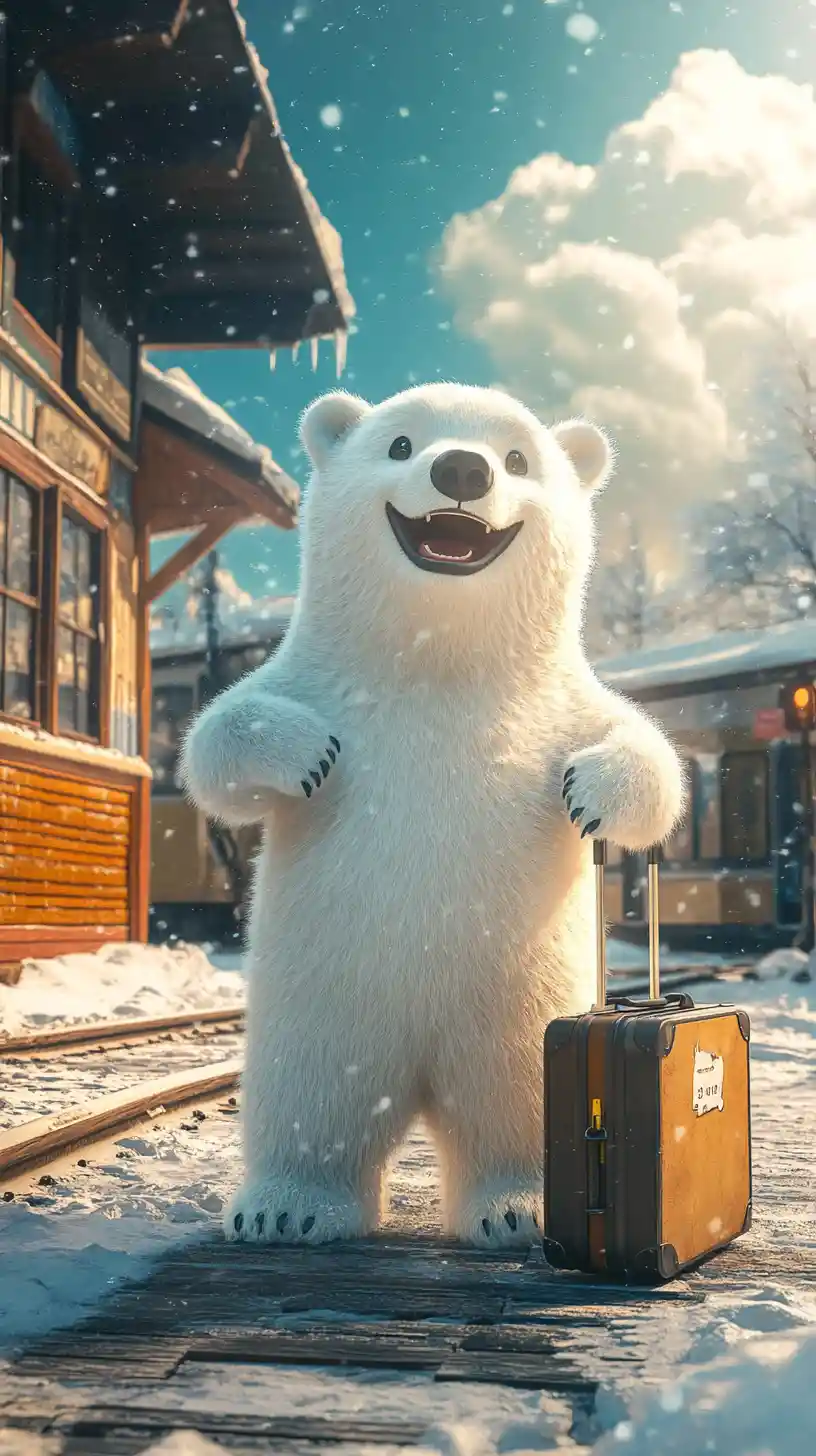 Orso polare felice in una stazione ferroviaria invernale con valigia