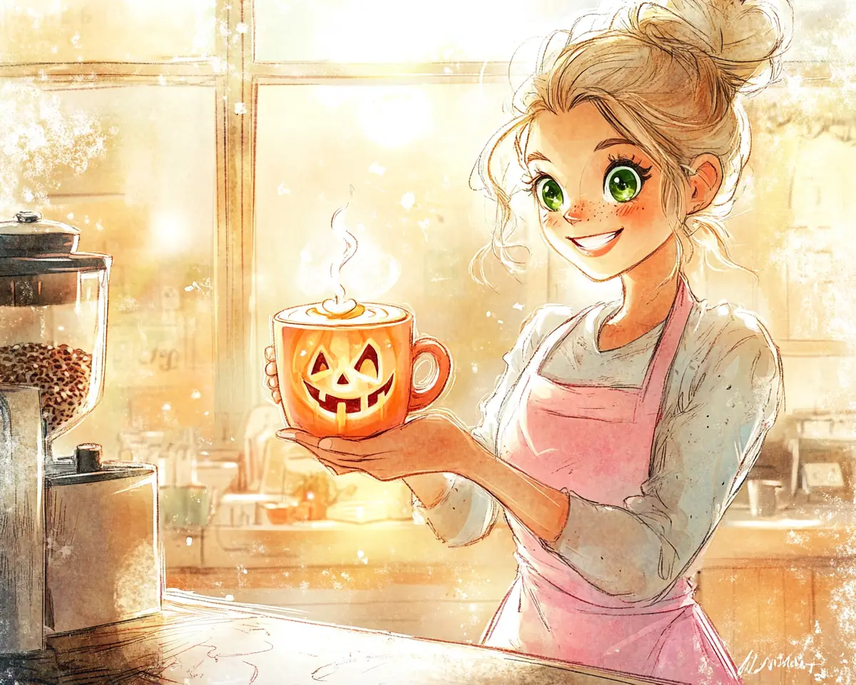 Anime-Barista serviert Jack-o’-Lantern-Latte-Art