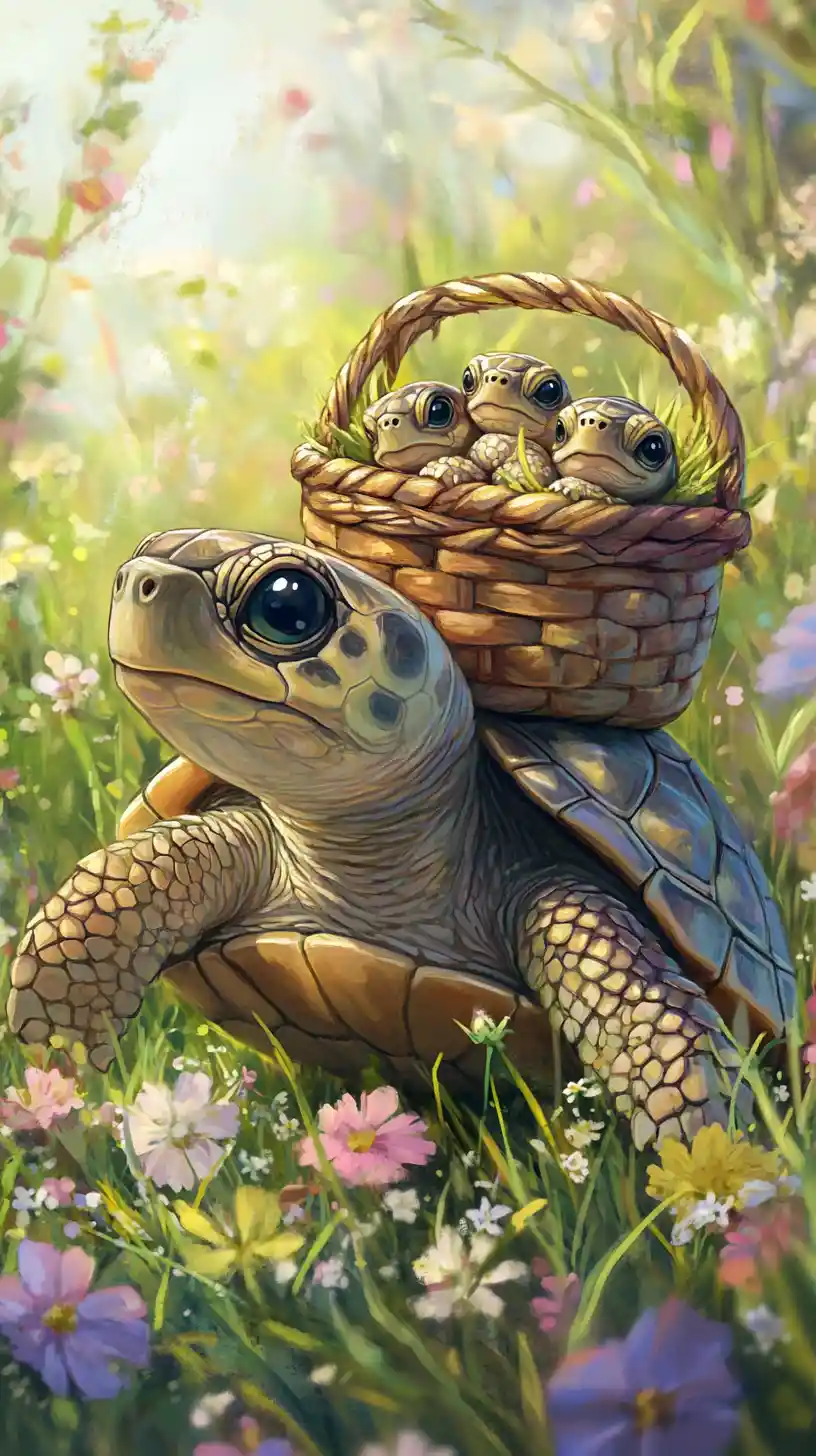 Süße Schildkrötenfamilie in einer Wildblumenwiese Illustration
