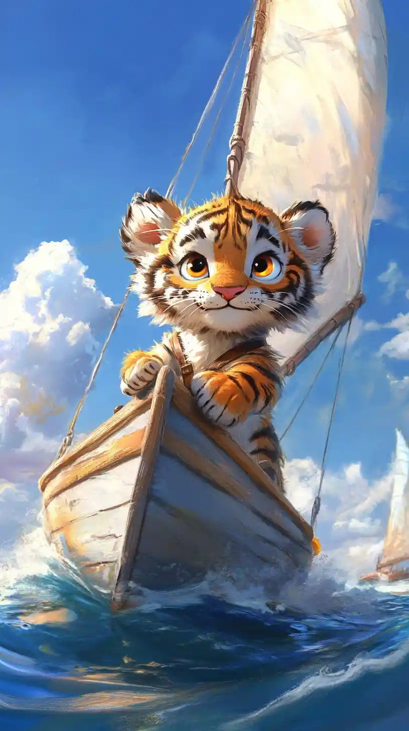 Süßes Tigerjunges segelt mit einer kleinen Jacht auf dem blauen Ozean