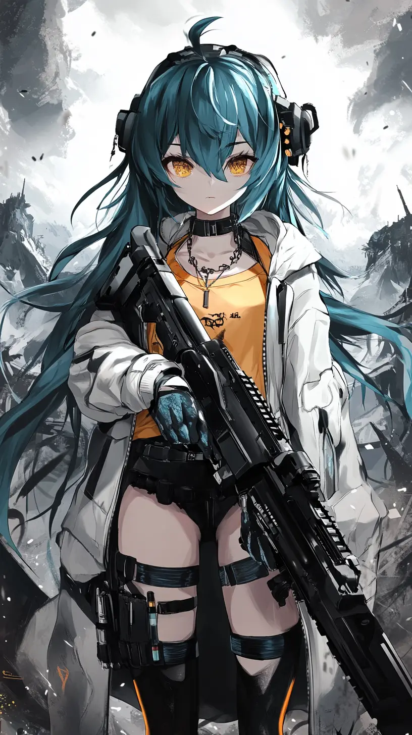 Fille d'anime avec arme dans un camp de temple de cristal futuriste