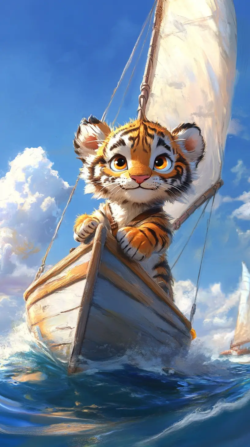 Dolce cucciolo di tigre che veleggia su un piccolo yacht nel mare blu