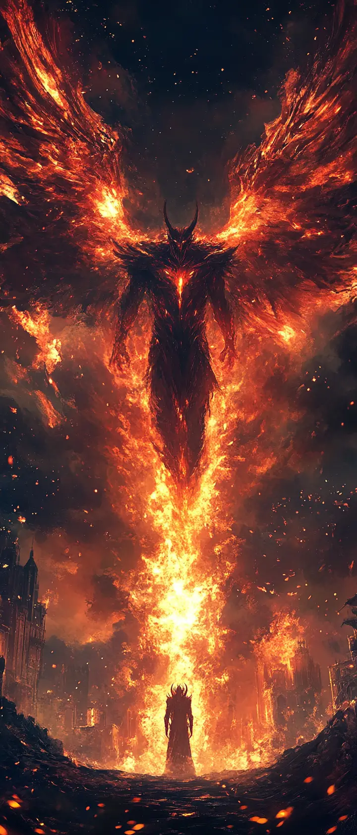 暗黒ファンタジーの空に現れる巨大な炎の翼を持つ悪魔